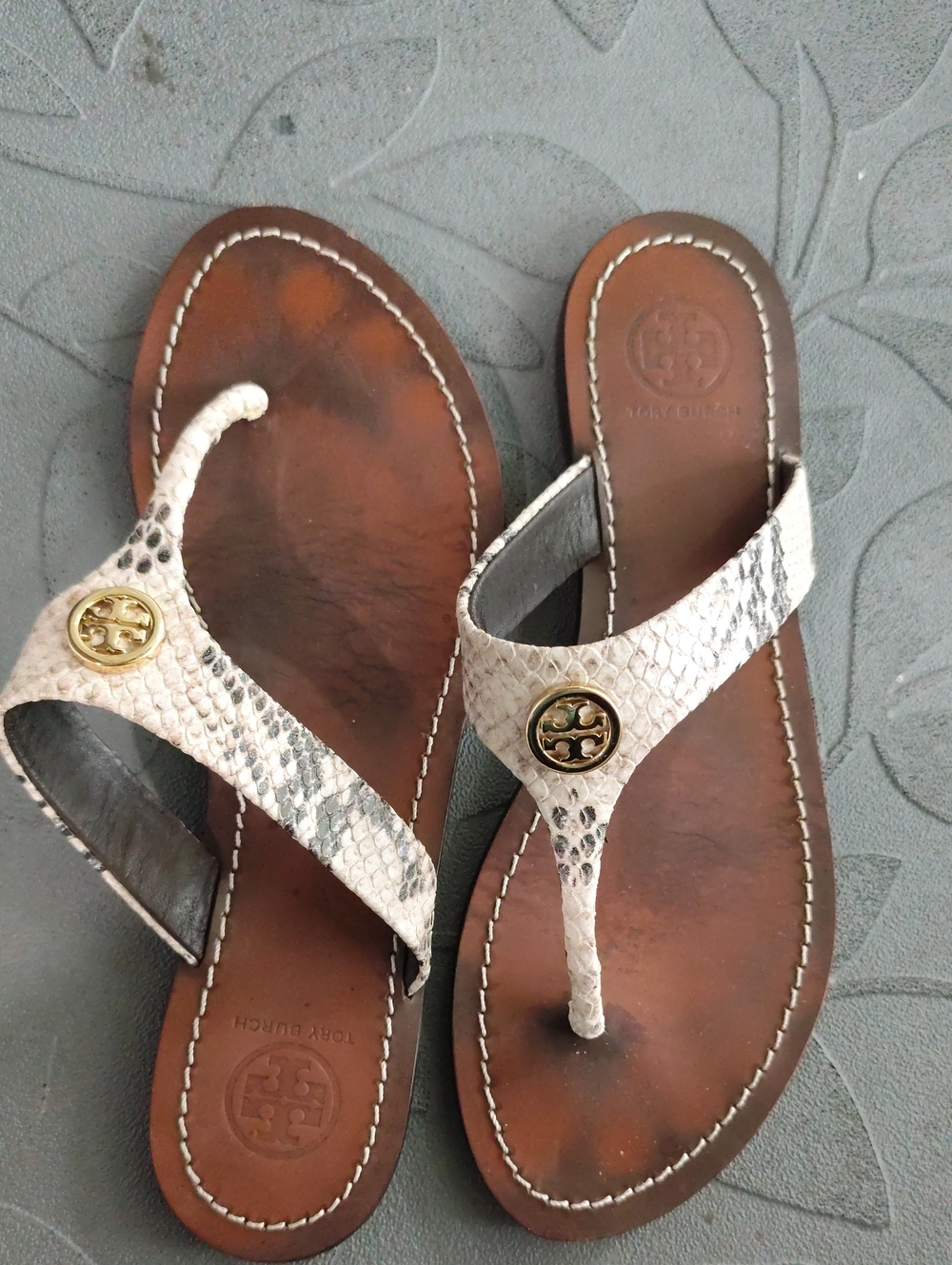 Tory Burch White Snake-Print Thong Sandals with Gold Logo